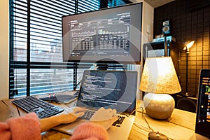 Female programmer writing programming code at cozy home workplace