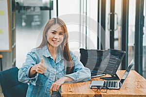 Female programmers are happily working on software coding and web designing.Concept technology development