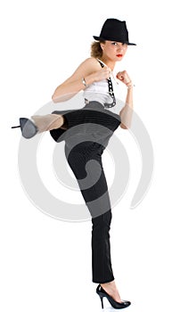 Female protecting herself with martial art sais photo