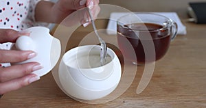 Female put sugar in cup with tea close up view