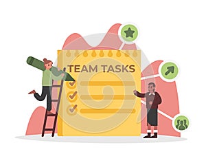 Female puts tick in front of completed tasks. Business concept, teamwork and work progress