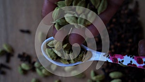 Female is putting green cardamom pods in a spoon. Dry cloves, cardamoms and spicy spices background. Veg Recipes