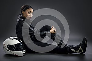 Female Race Car Driver or Stunt Woman or Motorcyclist