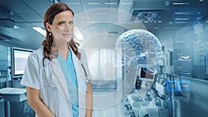 female radiologist in white coat and stethoscope stands in hospital radiology room overlay with screen displaying MRI brain images