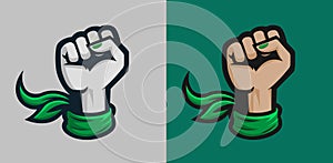 Female Raised Fist with Green Kerchief, vector illustration
