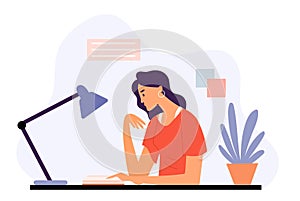 Female reading book at home interior. Flat design illustration. Vector