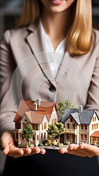 Female real estate agent holding a model family house in her hands