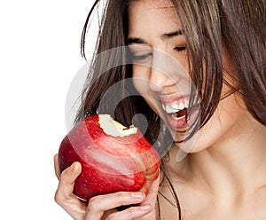 Female red bitten apple photo
