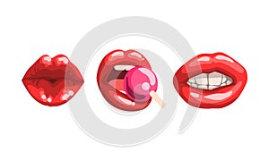 Female Red Glossy Lips Collection, Mouth with Various Expressions and Lollipop Vector Illustration