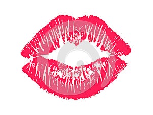 Female red lipstick kiss isolated on white background.