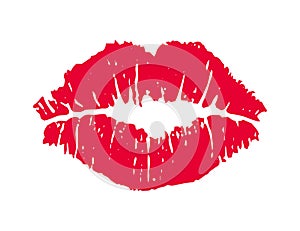 Female red lipstick kiss isolated on white background.