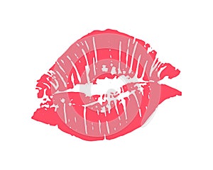 Female red lipstick kiss isolated on white background.