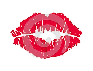 Female red lipstick kiss isolated on white background. photo