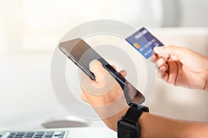 Female register via credit cards on mobile phone make digital payment security online