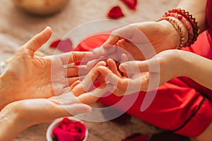 A female reiki master works with patient. Women& x27;s circle, concept of mental health, harmony of body