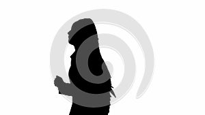 Female reporter black silhouette on white background with alpha channel. African American woman news host in suit