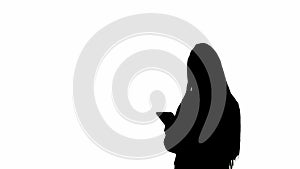 Female reporter black silhouette on white background with alpha channel. African American woman news host with tablet