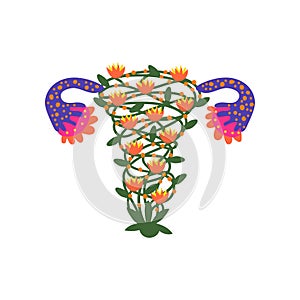 Female Reproductive Organs Made of Blooming Flowers, Woman Health, Uterus and Womb Vector Illustration