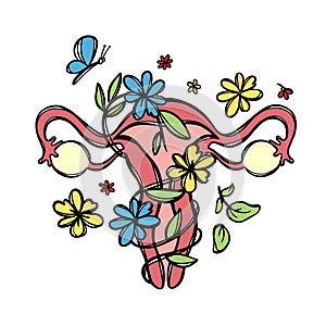 FEMALE REPRODUCTIVE SYSTEM FLORAL Love Print Vector Sketch