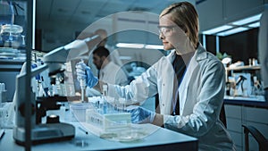 Female Research Scientist Uses Micropipette to Mix Liquids in a Sample Test Tube in a Modern Labor