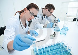 Female researcher and her senior supervisor are doing investigations with test tubes