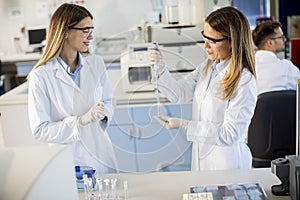 Female researchers in white lab coat working in the laboratory
