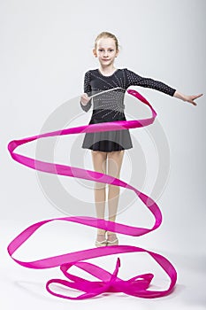 Female Rhythmic Gymnast In Professional Competitive Black Sparkling Starry Suit