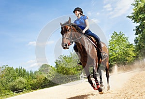 Female rider on beautiful horse running gallop