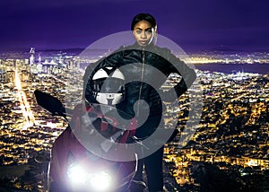 Female Rider with a Motorcycle over San Francisco Cityscape