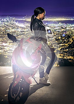 Female Rider with a Motorcycle over San Francisco Cityscape