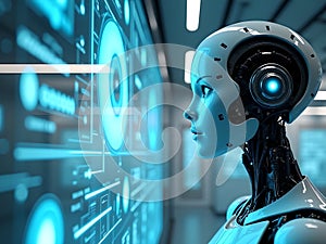 a female robot standing in front of a wall generated