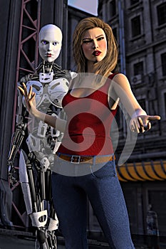 Female Robot and Human Woman Illustration
