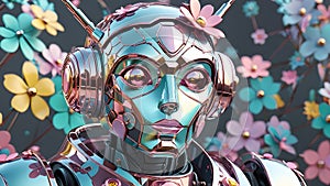 Female robot with metallic flowers.