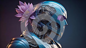a female robot with a pink lotus flower. generative ai