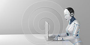 A female robot is sitting at a laptop at a table. 3D Render