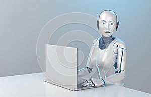 A female robot is sitting at a laptop at a table. 3D Rendering