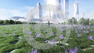 Female robot walks grass field . Sci fi city background. Concept of future. 3d rendering.