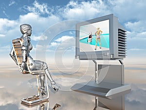 Female robot watching TV
