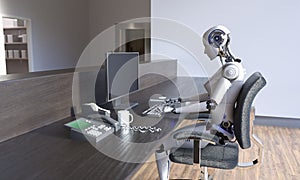 Female robot working in office, 3d render