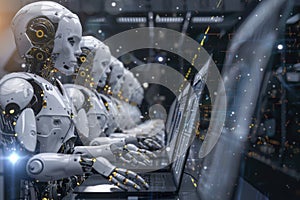 Female robots sit at computers in the office. Robotization of the world. Globalization of new technologies