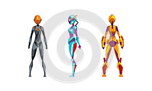 Female Robots in Various Poses Set, Side, Front and Back View of Cyborg Woman, Artificial Intelligence Concept Cartoon