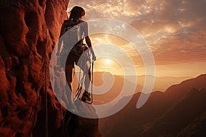 Female rock climber on the top of a cliff. Climbing concept, Extreme woman rock climbing on a mountain, rear view, no visible