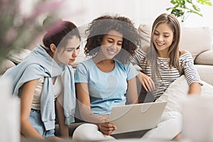 Female roommates surfing internet on laptop at home