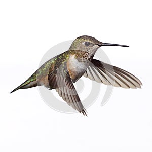 A Female Rufous Hummingbird Isolated in Flight Against A White Background