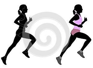 Female runner in color sportswear and silhouette with detailed outlines