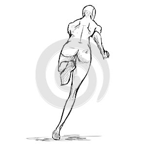 Female runner figure sketch. From behind. Vector