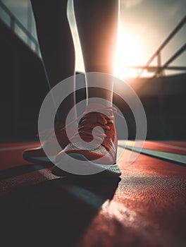 Female runner running on a sport track with sunflare, for challenge concept.