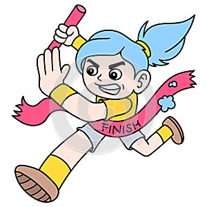 Female runner to win Olympics across the finish line ribbon, doodle icon image kawaii