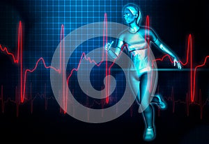 Female running and heartbeat electrocardiogram or ekg curve 3d rendering illustration. Sport, healthcare, medical, health, science