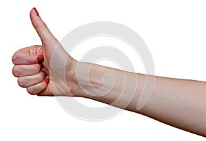 Female`s hand with a thumb up. Gesture of consent or approval. Sign of success. Isolated on white.